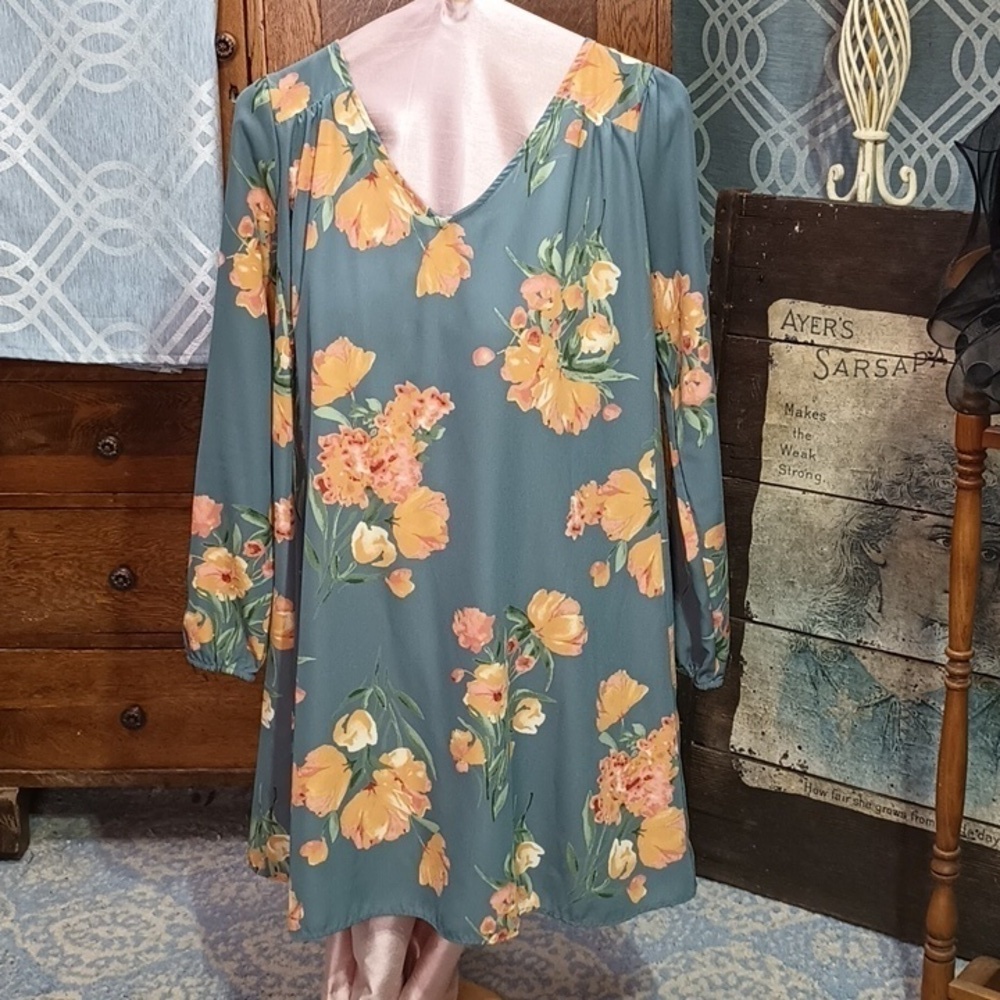 (L25) sage floral trapeze dress Large